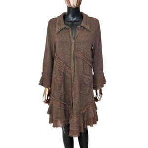Pretty Angel Brown Linen Blend Boho Lagenlook Ruffle Lace Cardigan Jacket Size M
